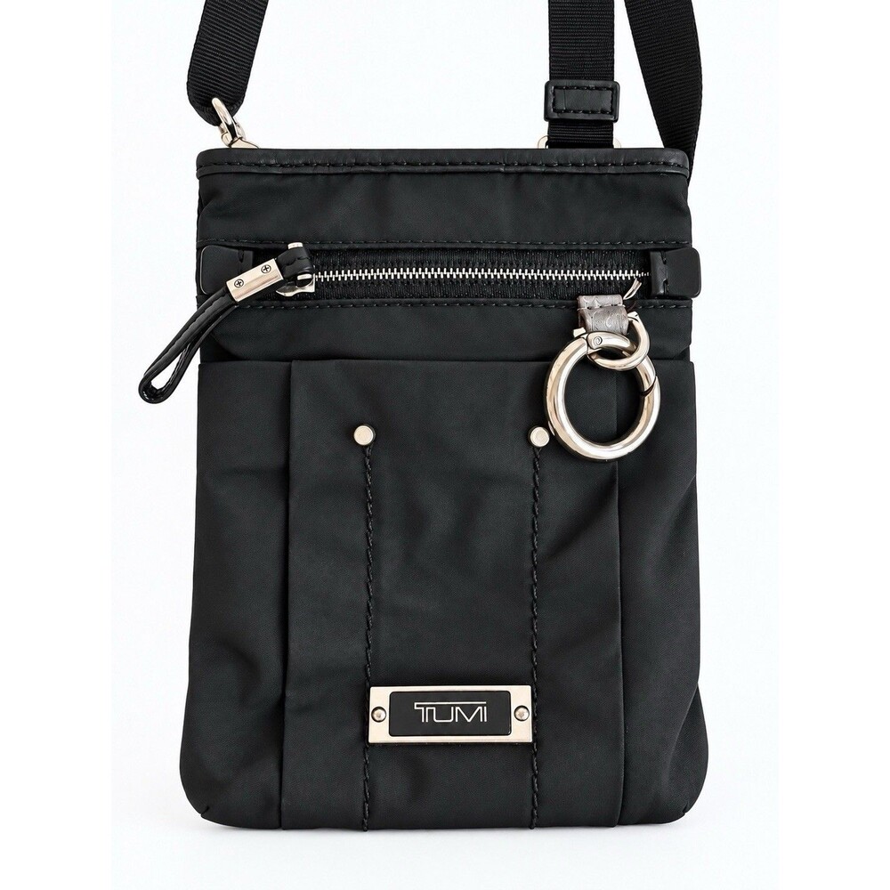 TUMI Black Nylon Crossbody Shoulder Bag Leather Trim Silver Hardware